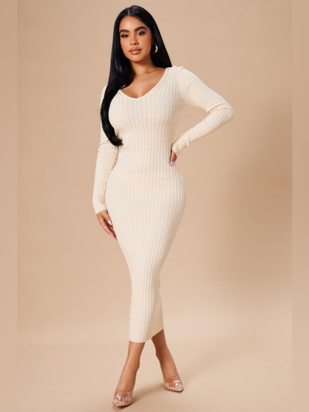 Fashion Nova Kallan Knit Dress XL Taupe Ribbed Bodycon Long Sleeve Midi NWT